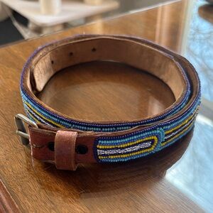 Vintage Handcrafted Beaded Leather Women’s Belt - Blue & Yellow